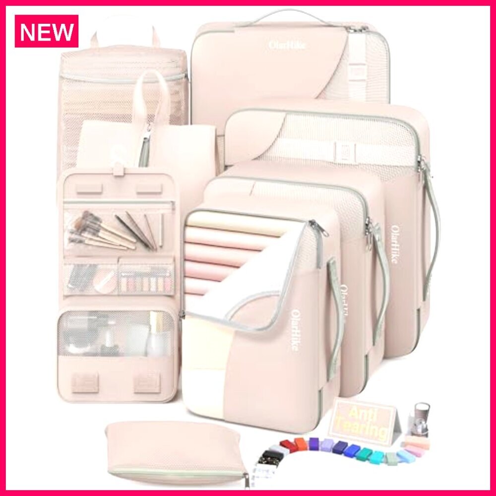 8 Set Travel Packing Cubes with Hanging Toiletry Bag, Polyester Organizers - Picture 2 of 8